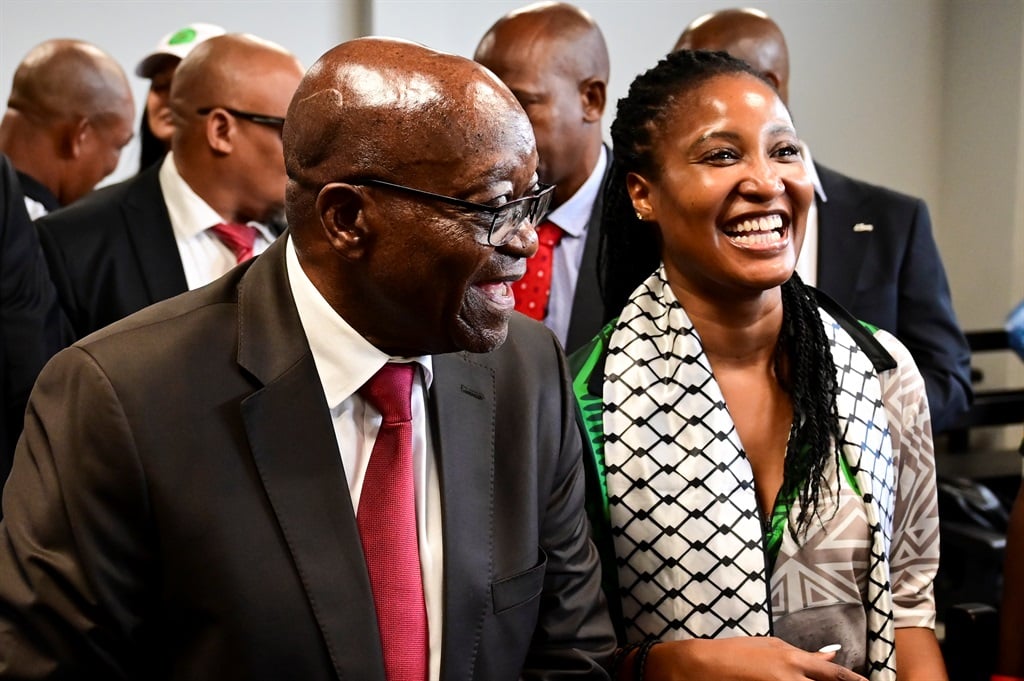 Former president Jacob Zuma and daughter and Duduzile enter the court during the ANC and uMkhonto weSizwe court case in respect of the MK Party's trademark heard at Durban High Court. (Darren Stewart/Gallo Images).