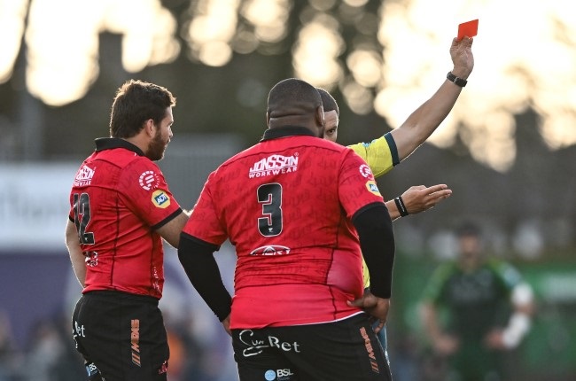 Lions tighthead Asenathi Ntlabakanye is shown a red card by referee Craig Evans during the United Rugby Championship match against Connacht in Galway, Ireland, last weekend. (Photo by Piaras O Midheach/Gallo Images)