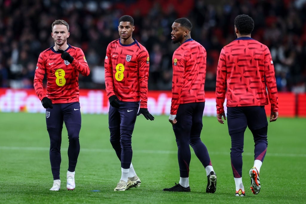 LONDON, ENGLAND - MARCH 23: Subs James Maddison, Marcus Rashford and Ivan Toney during the international friendly match between England and Brazil at Wembley Stadium on March 23, 2024 in London, England. (Photo by Robin Jones/Getty Images) (Photo by Robin Jones/Getty Images)
