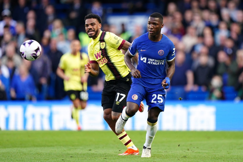 Burnley's Lyle Foster (left) and Chelsea's Moises Caicedo battle for the ball during the Premier League match at Stamford Bridge, London. Picture date: Saturday March 30, 2024. (Photo by Zac Goodwin/PA Images via Getty Images)