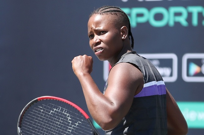 Kgothatso Montjane playing against Shiori Funanizu from Japan in the women's wheelchair finals during the SA Spring Open at Ellis Park Tennis Centre in 2019.