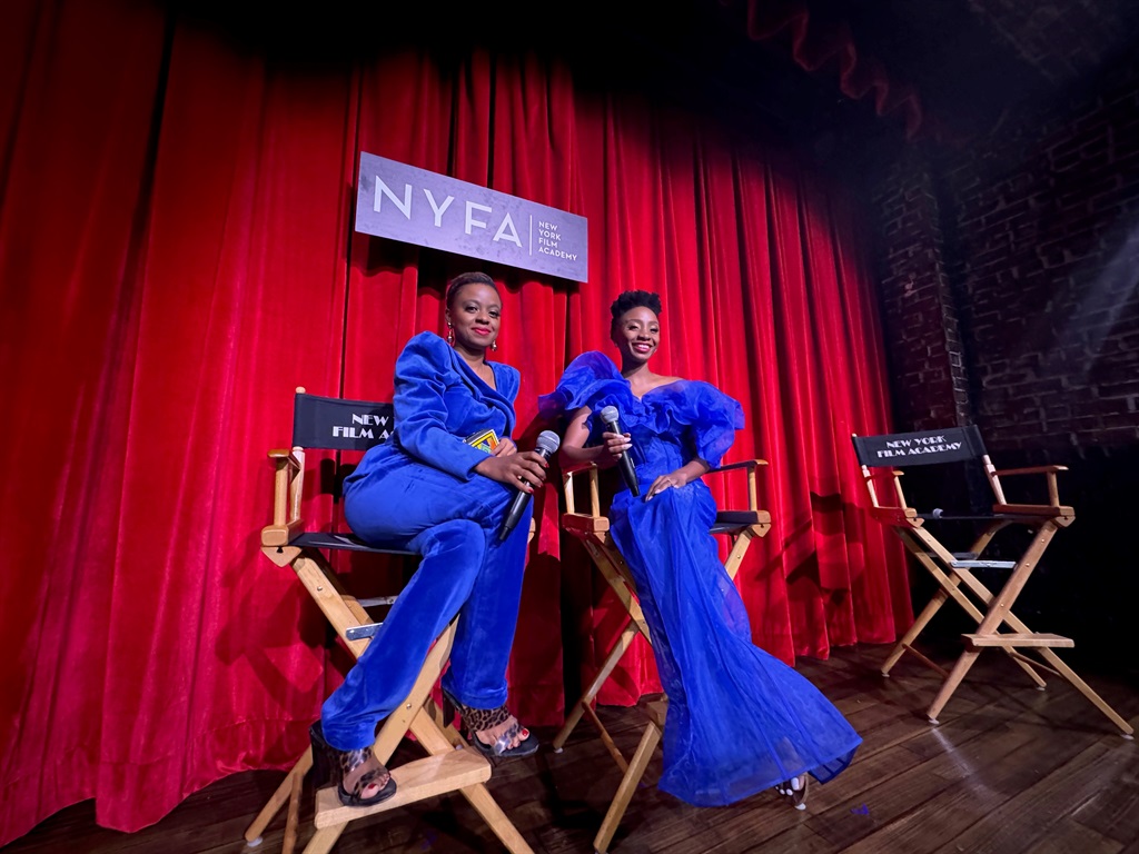 Reabetswe Moeti-Vogt (left) and Zoe Ramushu (right), at the New York premiere of their film, Real Estate Sisters, in creations by Nigerian designer Chuks Collins.  New York Film Academy.  (Davidson Toussaint)