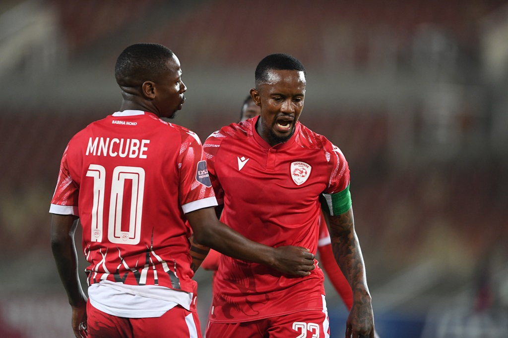 POLOKWANE, SOUTH AFRICA - APRIL 02: Linda Mntambo of Sekhukhune United celebrates their first goal with his team mate during the DStv Premiership match between Sekhukhune United and Cape Town City FC at Peter Mokaba Stadium on April 02, 2024 in Polokwane, South Africa. (Photo by Philip Maeta/Gallo Images),ï¢ÔØ