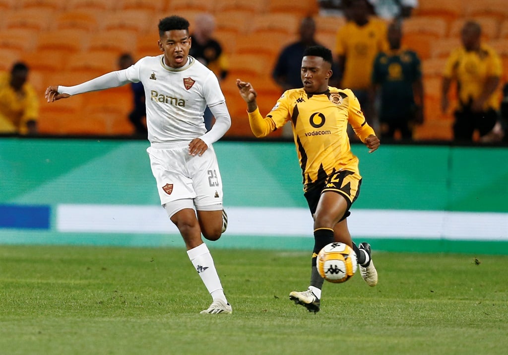 JOHANNESBURG, SOUTH AFRICA - APRIL 02: Mduduzi Shabalala of Kaizer Chiefs in action with Jayden Adams of Stellenbosch FC during the DStv Premiership match between Kaizer Chiefs and Stellenbosch FC at FNB Stadium on April 02, 2024 in Johannesburg, South Africa. (Photo by Gallo Images)