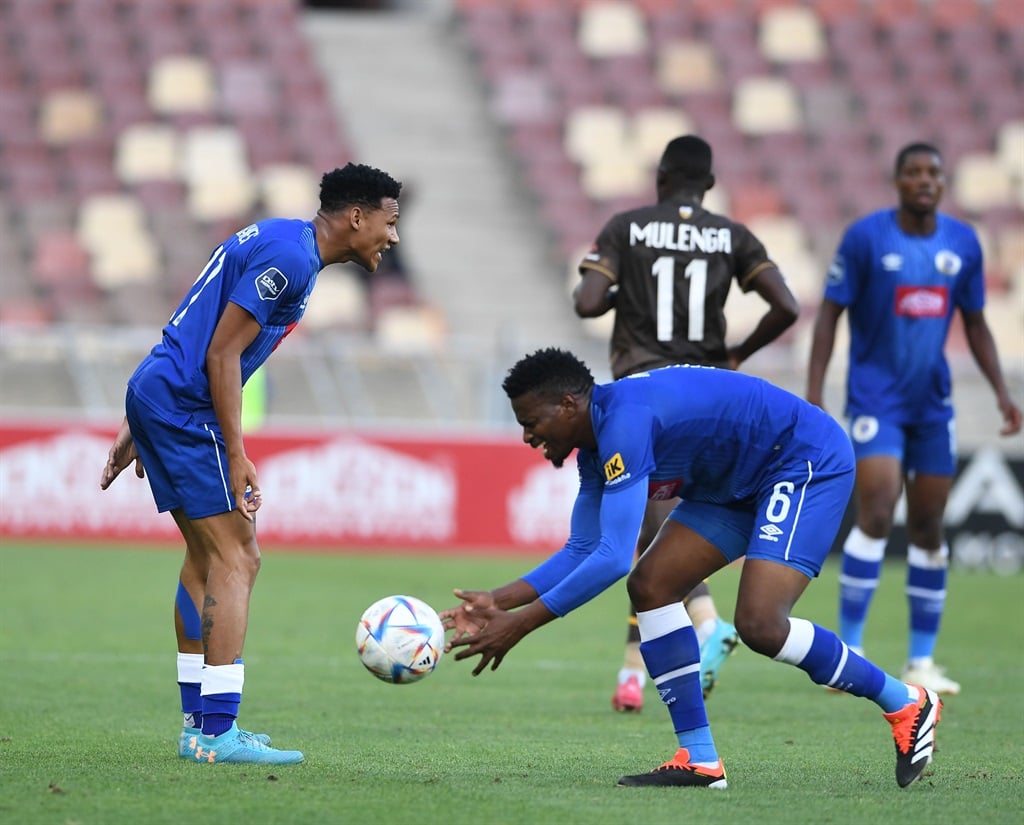 POLOKWANE, SOUTH AFRICA - MARCH 09: Kegan Johannes of SuperSport United and Phathutshedzo Nange of SuperSport United during the DStv Premiership match between SuperSport United and AmaZulu FC at Peter Mokaba Stadium on March 09, 2024 in Polokwane, South Africa. (Photo by Philip Maeta/Gallo Images)