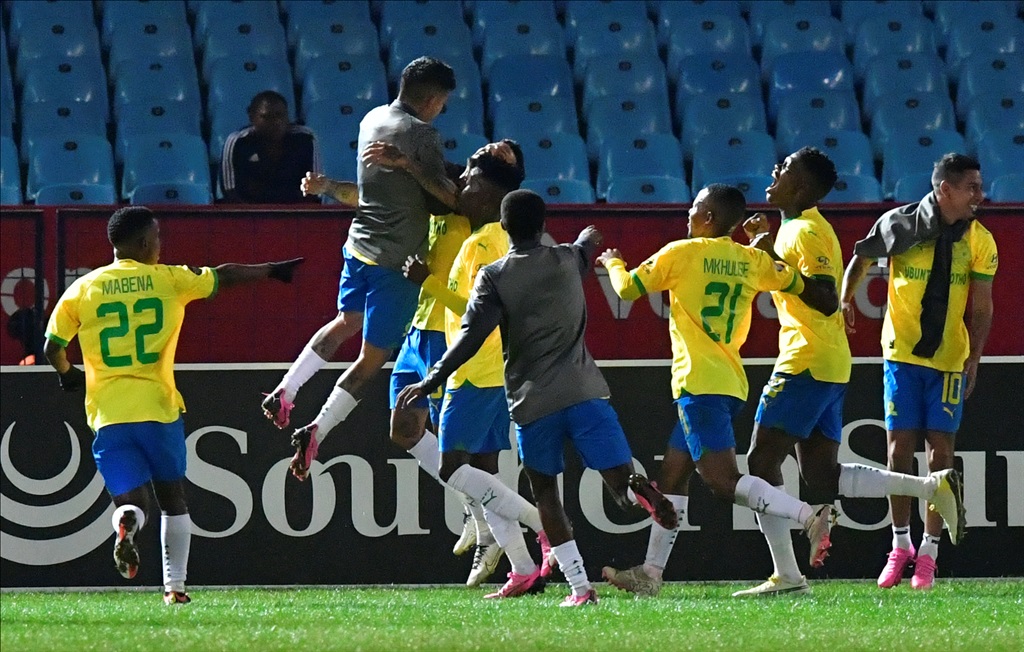 PRETORIA, SOUTH AFRICA - APRIL 02:  Memelodi Sundowns scores and send its fans and dugout into frenzy during the DStv Premiership match between Mamelodi Sundowns and Richards Bay at Loftus Versfeld Stadium on April 02, 2024 in Pretoria, South Africa. (Photo by Sydney Seshibedi/Gallo Images)