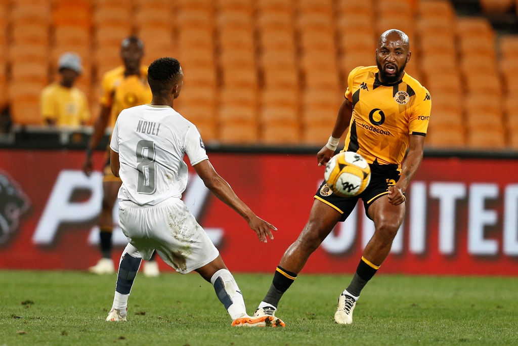 Sibongiseni Mthethwa of Kaizer Chiefs in action with Suhle Nduli  of Stellenbosch FC during the DStv Premiership match between Kaizer Chiefs and Stellenbosch FC at FNB Stadium on April 02, 2024 in Johannesburg, South Africa. 