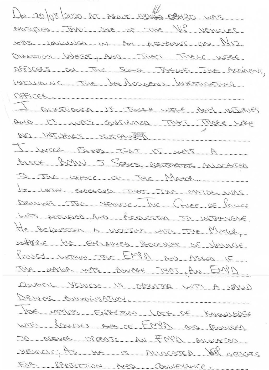 Handwritten sworn statement by the superintendent 