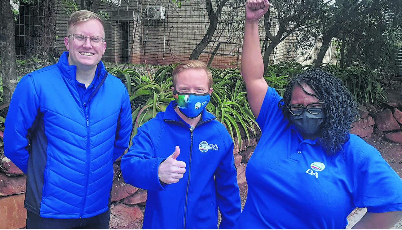 The Democratic Alliance’s uMngeni Municipality mayor Chris Pappas (centre) flanked by DA KZN provincial chairperson Dean Macpherson (left) and DA shadow minister of health, Siviwe Gwarube.