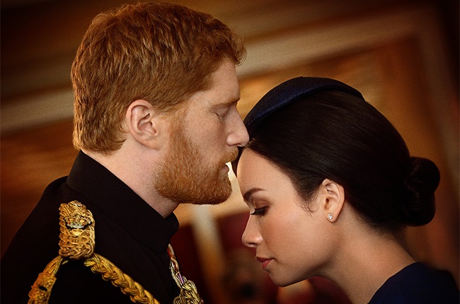 Jordan Dean and Sydney Morton as Prince Harry and Meghan Markle in Harry & Meghan: Escaping the Palace.