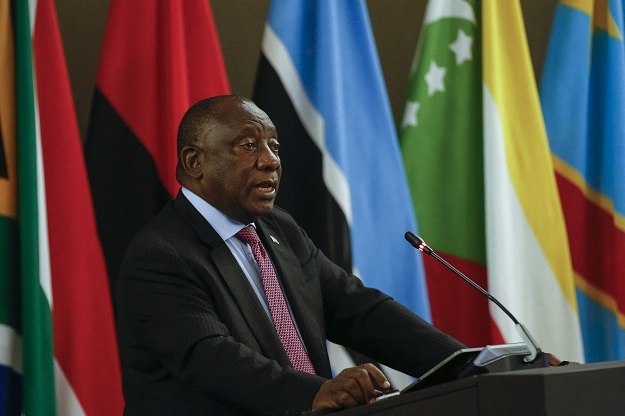 Cyril Ramaphosa delivering opening remarks during the Extraordinary Summit of the SADC Organ Troika Plus the Republic of Mozambique at the OR Tambo Building in Pretoria. 