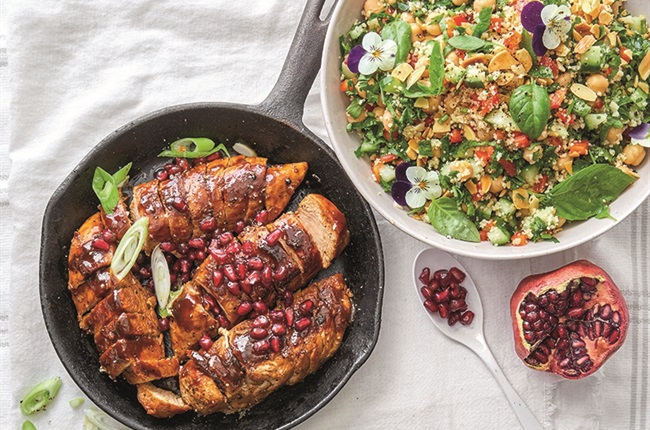 Pomegranate chicken with couscous