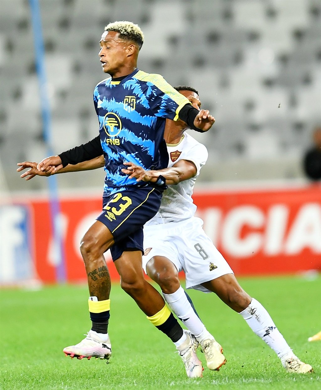 CAPE TOWN, SOUTH AFRICA - MARCH 05: Jaedin Rhodes of Cape Town City and Sihle Nduli of Stellenbosch FC during the DStv Premiership match between Cape Town City FC and Stellenbosch FC at DHL Cape Town Stadium on March 05, 2024 in Cape Town, South Africa. (Photo by Ashley Vlotman/Gallo Images)