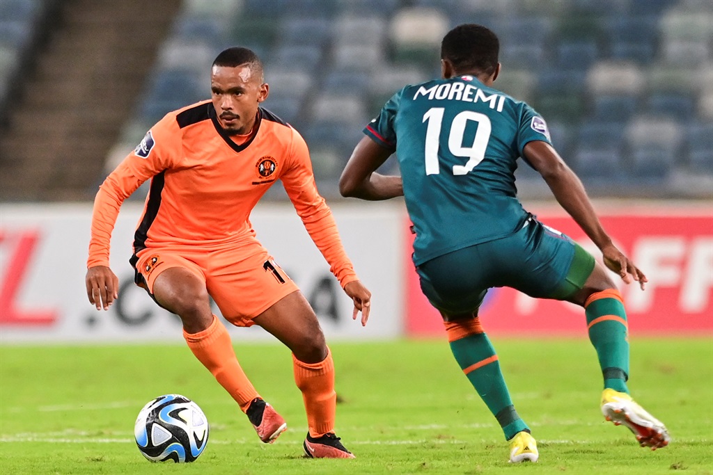 Oswin Appollis of Polokwane City FC during the DStv Premiership match between AmaZulu FC and Polokwane City at Moses Mabhida Stadium on April 02, 2024 in Durban, South Africa. (Photo by Darren Stewart/Gallo Images)