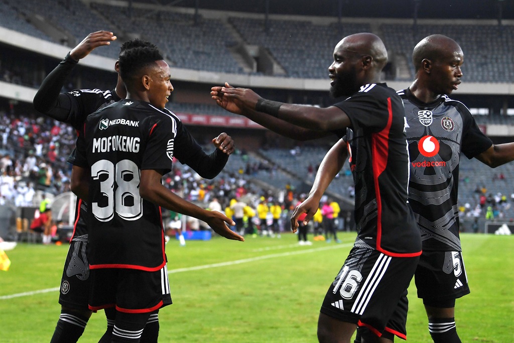 Relebohile Mofokeng of Orlando Pirates celebrates his goal with Thabiso James Monyane, Nkosinathi Sibisi and Makhehlene Makhaula during the Nedbank Cup, Last 16match between Orlando Pirates and Hungry Lions at Orlando Stadium on 16 March 2024 in Johannesburg, South Africa. 