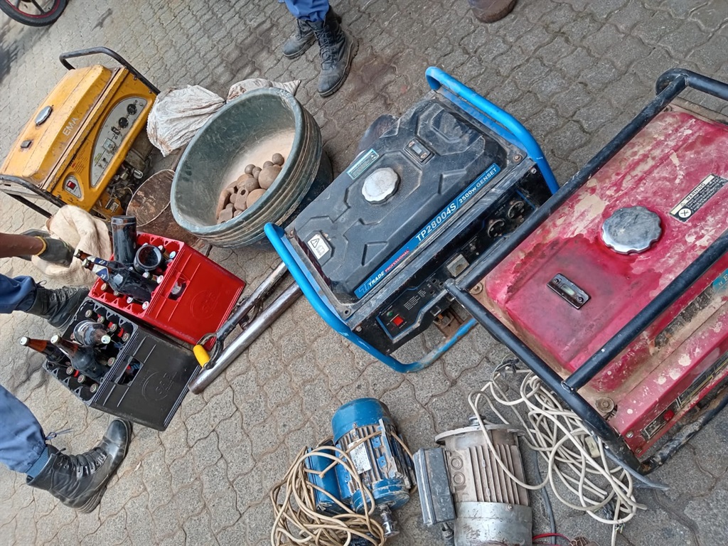 Cops confiscated mining equipment allegedly used by zama zamas in Primrose, Germiston.  