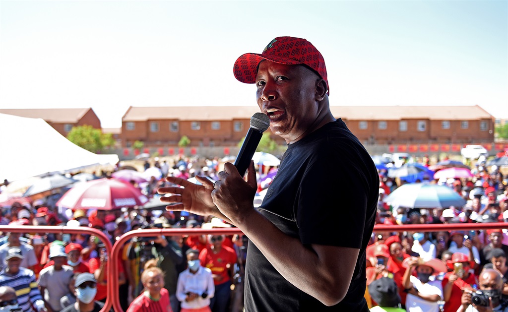 EFF leader Julius Malema speaks at a political gathering in Mahikeng, North West, yesterday as he continues to canvass for votes ahead of next month’s elections Photo: Tebogo Letsie/City Press