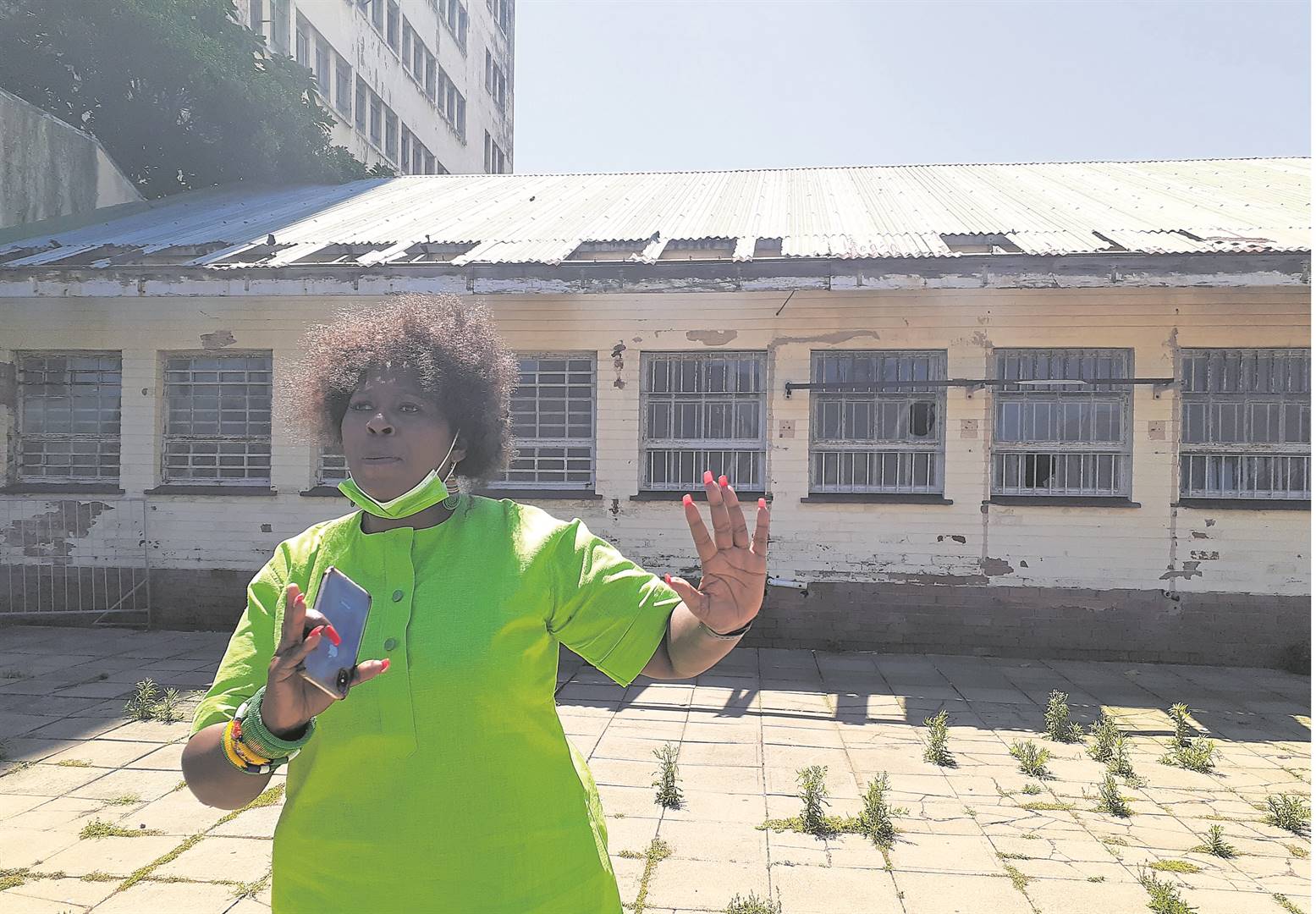 Dr Makhosi Khoza, at a dilapidated building in the Durban city centre.