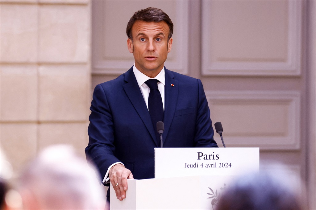 French President Emmanuel Macron delivers a speech at the Elysee Presidential Palace in Paris, on 4 April 2024. He is expected to deliver a video message on the Rwandan genocide at the weekend. (MOHAMMED BADRA / POOL / AFP)