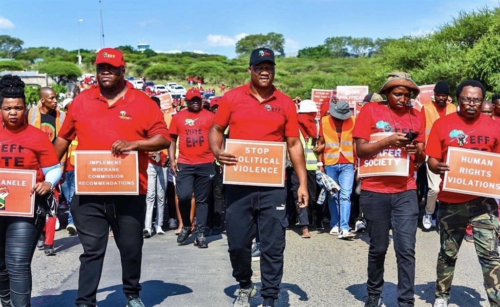 The Economic Freedom Fighters secretary general, Marshall Dlamini (middle), leading party members during the march against the killings of politicians. 