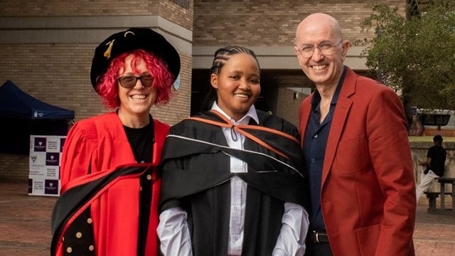 Dr Lise Westaway, Gadra Matric School alumnus Anelisa Mfeyana, GMS education manager Dr Ashley Westaway