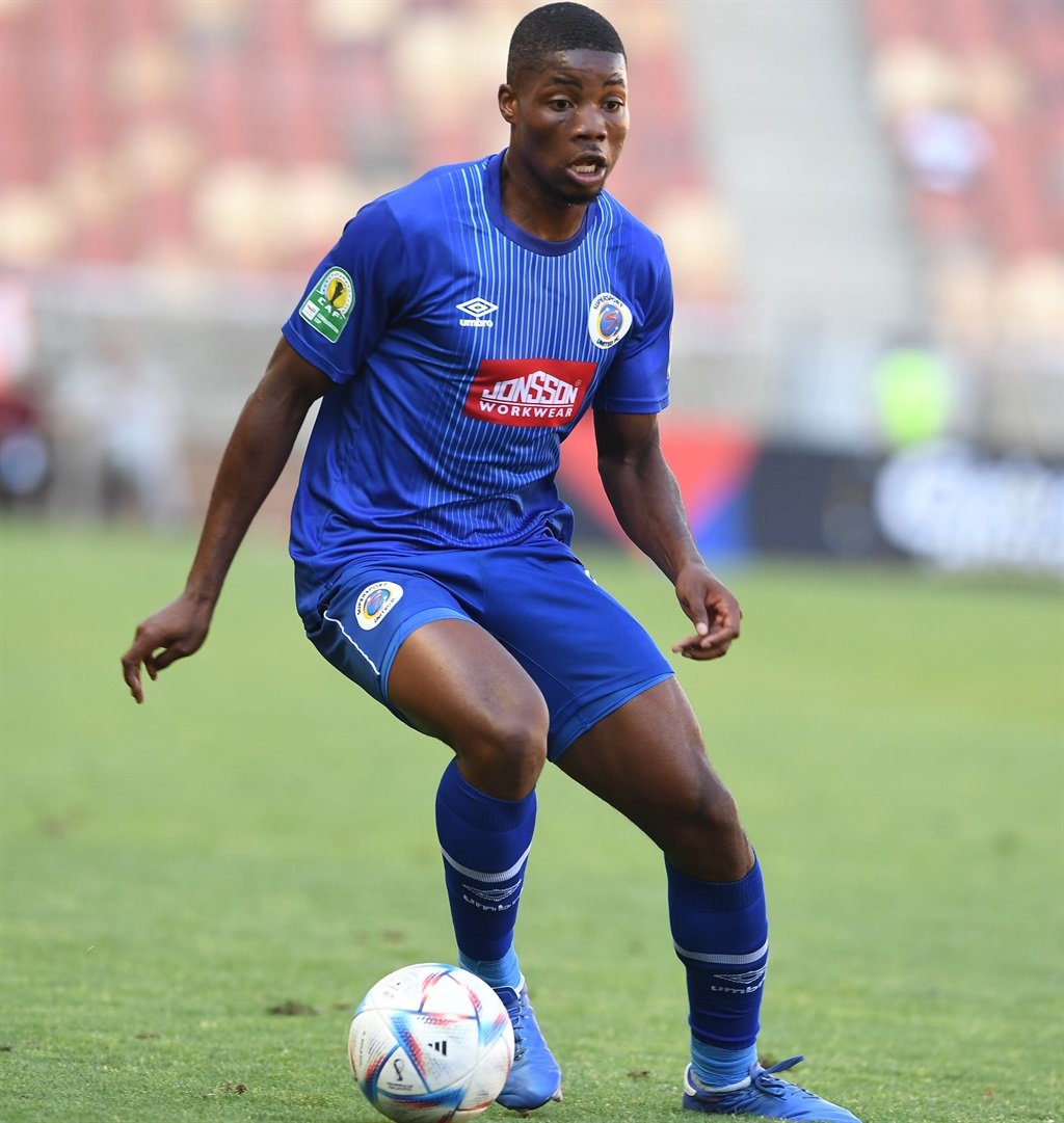 POLOKWANE, SOUTH AFRICA - DECEMBER 03: Ime Okon of SuperSport United during the CAF Confederation Cup match between SuperSport United and USMA at Peter Mokaba Stadium on December 03, 2023 in Polokwane, South Africa. (Photo by Philip Maeta/Gallo Images)