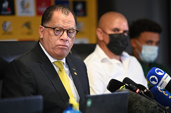 SAFA President Danny Jordaan  and former referee Andile 'Ace' Ncobo during the SAFA press conference.