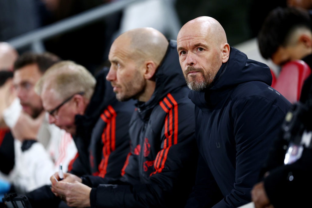 BRENTFORD, ENGLAND - MARCH 30: Erik ten Hag, Manager of Manchester United, looks on prior to the Premier League match between Brentford FC and Manchester United at Gtech Community Stadium on March 30, 2024 in Brentford, England. (Photo by Clive Rose/Getty Images)