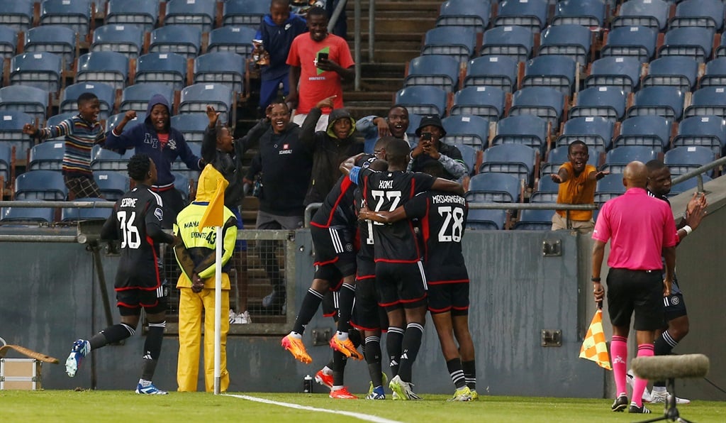 JOHANNESBURG, SOUTH AFRICA - APRIL 06: Orlando Pirates in celebrate their goal during the DStv Premiership match between Orlando Pirates and Golden Arrows at Orlando Stadium on April 06, 2024 in Johannesburg, South Africa. (Photo by Gallo Images)
