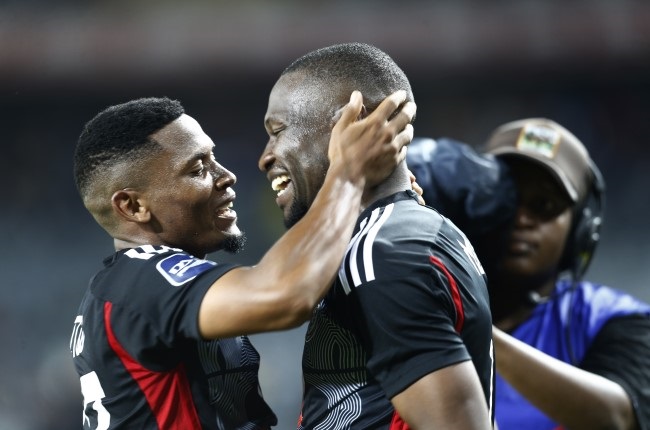 Tshegofatso Mabasa, pictured with Thabiso Lebitso, rounded off a dominant display for Orlando Pirates with a hat-trick that helped the club thump Golden Arrows 7-1. 
(Photo Gallo Images) 