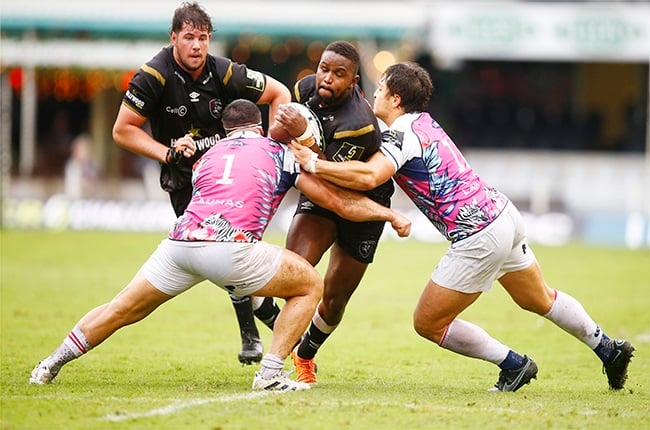 Sharks pivot Siya Masuku, seen here taking the ball up, was the man-of-match performance in the Sharks' 47-3 Round of 16 Challenge Cup win against Zebre in Durban on 7 April 2024. (Steve Haag/Gallo Images)