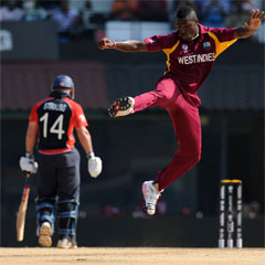 Andre Russell leaps in delight after bowling Prior for 21. (AFP)