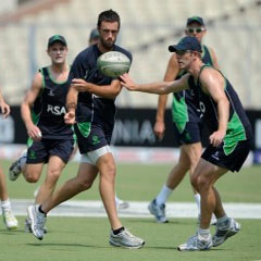 Ireland's cricketers warm up. (AFP)