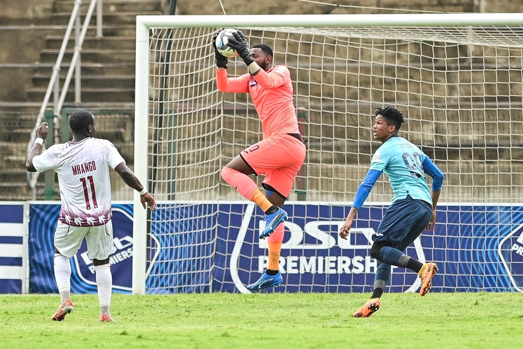 DURBAN, SOUTH AFRICA - APRIL 06: Salim Magoola of Richards Bay FC during the DStv Premiership match between Richards Bay and Moroka Swallows at King Goodwill Zwelithini Stadium on April 06, 2024 in Durban, South Africa. (Photo by Darren Stewart/Gallo Images)