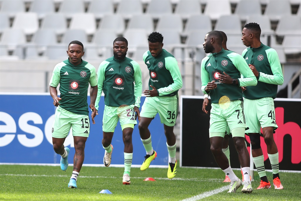 Orlando Pirates players warm up before the DStv Premiership match between Cape Town City FC and Orlando Pirates at DHL Cape Town Stadium on May 01, 2024 in Cape Town, South Africa. 