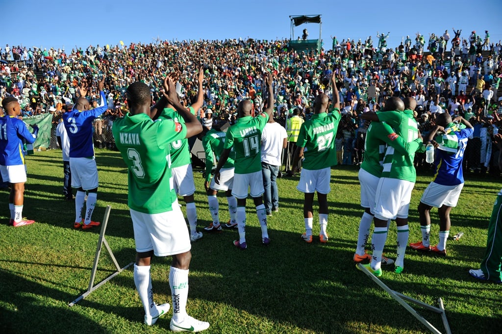 Bloem Celtics players thanking their supporters after the Absa Premiership match between Bloemfontein Celtic and  Platinum Stars at Kaizer Sebothelo Stadium on April 06, 2014 in Botshabelo, South Africa. 