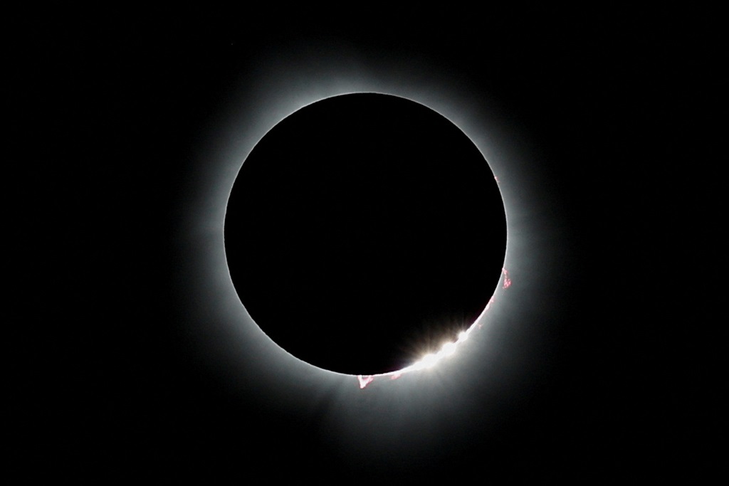 The moon blots out the sun during a total solar eclipse, as seen from Carbondale, Illinois, U.S. on 8 April 2024    