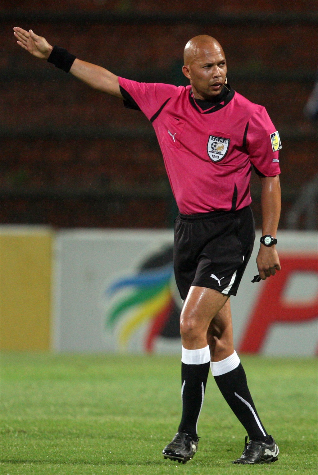 DURBAN, SOUTH AFRICA - NOVEMBER 21,  Referee Jerome Damon during the Absa Premiership match between Golden Arrows and Bloemfontein Celtic from Kings Zwelithini Stadium on November 21, 2012 in Durban, South Africa