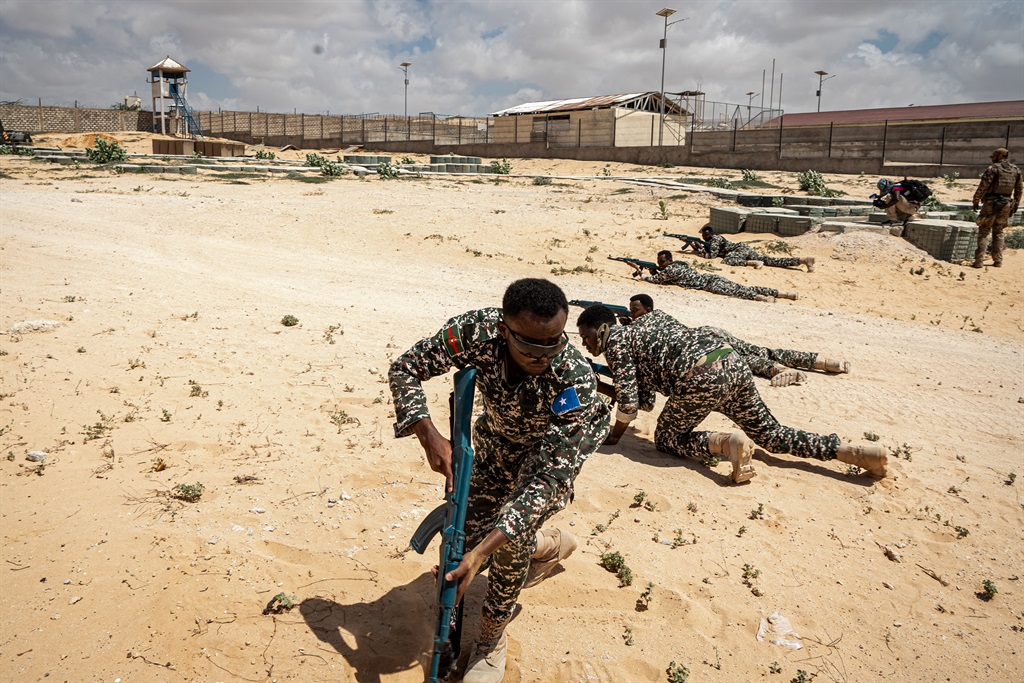A Somali National Army soldier participates in a military drill at the General Dhagabadan Training Centre in Mogadishu in March 2024, under the European Union Training Mission in Somalia (EUTM-S). (Amaury Falt-Brown / AFP)