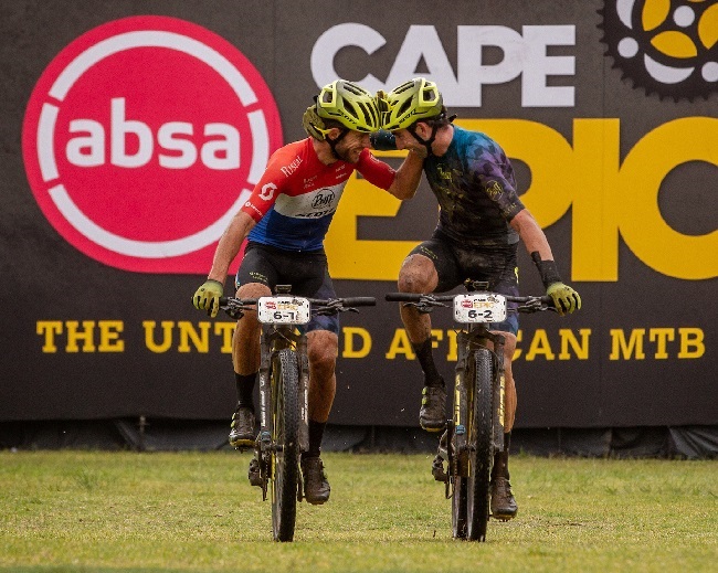 Hans Becking and Jose Dias of Buff Scott MTB win Stage 5 of the 2021 Absa Cape Epic (Photo: Nick Muzik)