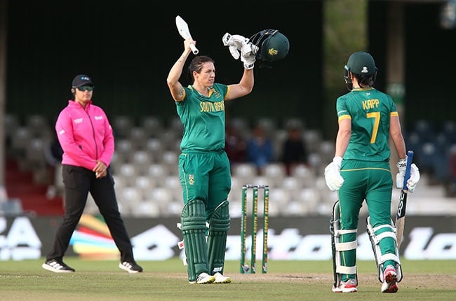 Proteas women opening batter Tazmin Brits celebrates bringing up her ODI century during the Women's One Day International match. (Richard Huggard/Gallo Images)