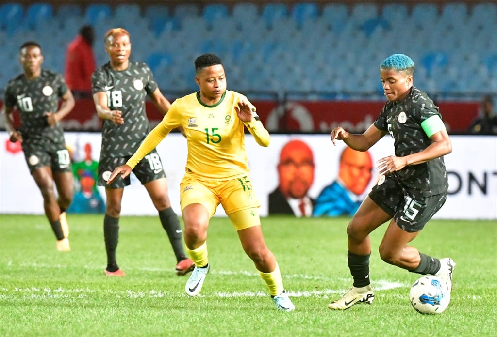 PRETORIA, SOUTH AFRICA - APRIL 09:  Ajibade Rasiteedat of Nigeria with the ball during the CAF Womens Olympic Qualifier Final Round - 2nd Leg match between South Africa and Nigeria at Loftus Versfeld on April 09, 2024 in Pretoria, South Africa. (Photo by Sydney Seshibedi/Gallo Images)