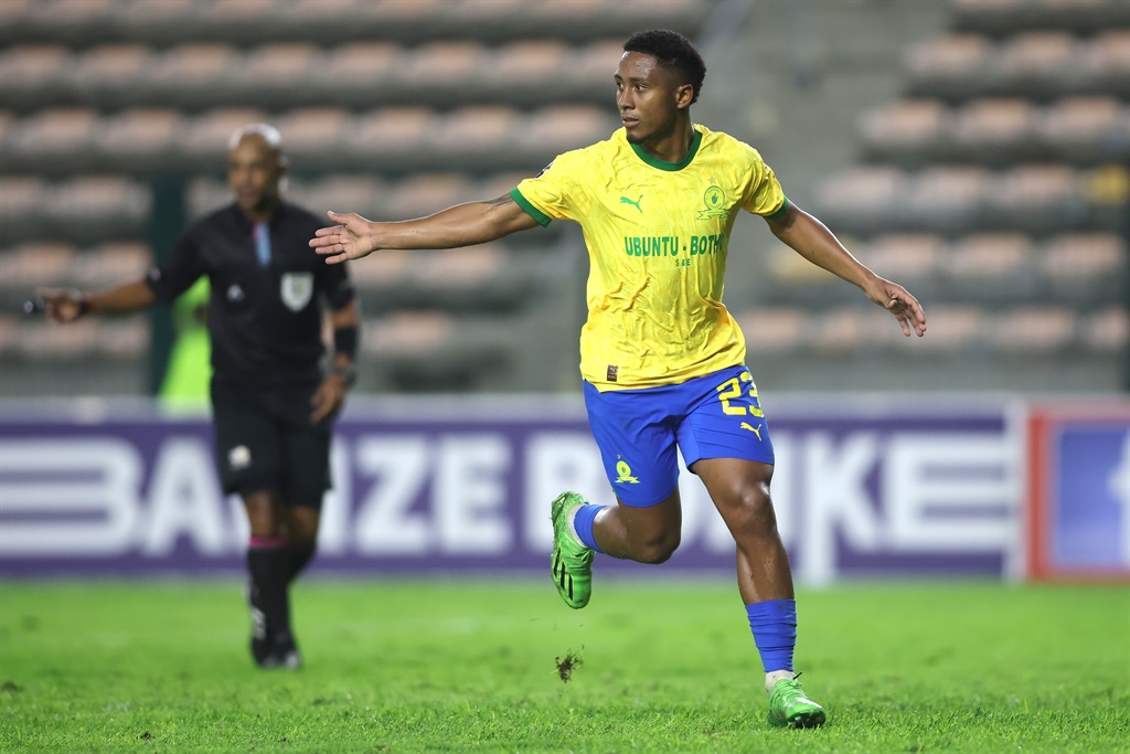 CAPE TOWN, SOUTH AFRICA - APRIL 09: Lucas Ribeiro of Mamelodi Sundowns scores the opening goal from a penalty during the DStv Premiership match between Cape Town Spurs and Mamelodi Sundowns at Athlone Stadium on April 09, 2024 in Cape Town, South Africa. (Photo by Shaun Roy/Gallo Images)