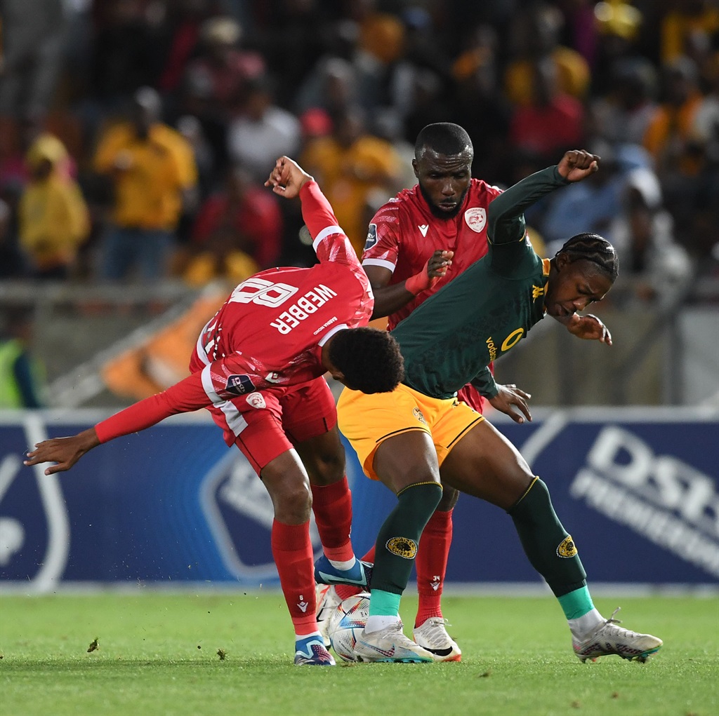 POLOKWANE, SOUTH AFRICA - DECEMBER 30: Jamie Webber of Sekhukhune United and Samkelo Zwane of Kaizer Chiefs during the DStv Premiership match between Sekhukhune United and Kaizer Chiefs at Peter Mokaba Stadium on December 30, 2023 in Polokwane, South Africa. (Photo by Philip Maeta/Gallo Images)