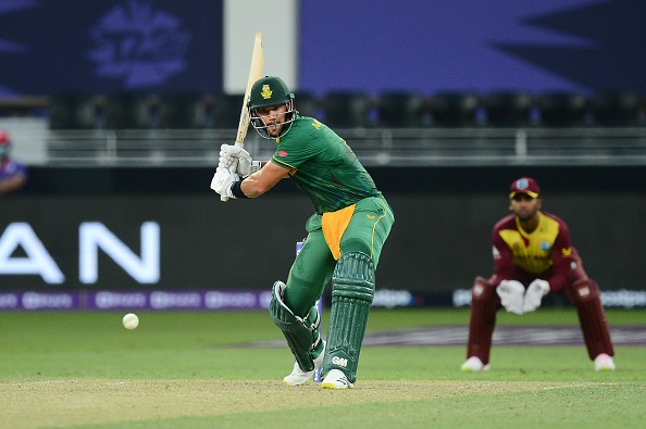 Aiden Markram of South Africa playing a shot  during the 2021 ICC T20 World Cup match between South Africa and West Indies at Dubai International Cricket Stadium on October 26, 2021 in Dubai, United Arab Emirates. (Photo by Isuru Sameera Peiris/Gallo Images/Getty Images)