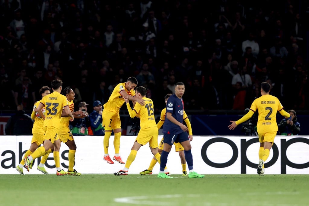 PARIS, FRANCE - APRIL 10: Andreas Christensen of FC Barcelona celebrates with teammates after scoring his teams third goal during the UEFA Champions League quarter-final first leg match between Paris Saint-Germain and FC Barcelona at Parc des Princes on April 10, 2024 in Paris, France. (Photo by Alex Pantling/Getty Images)