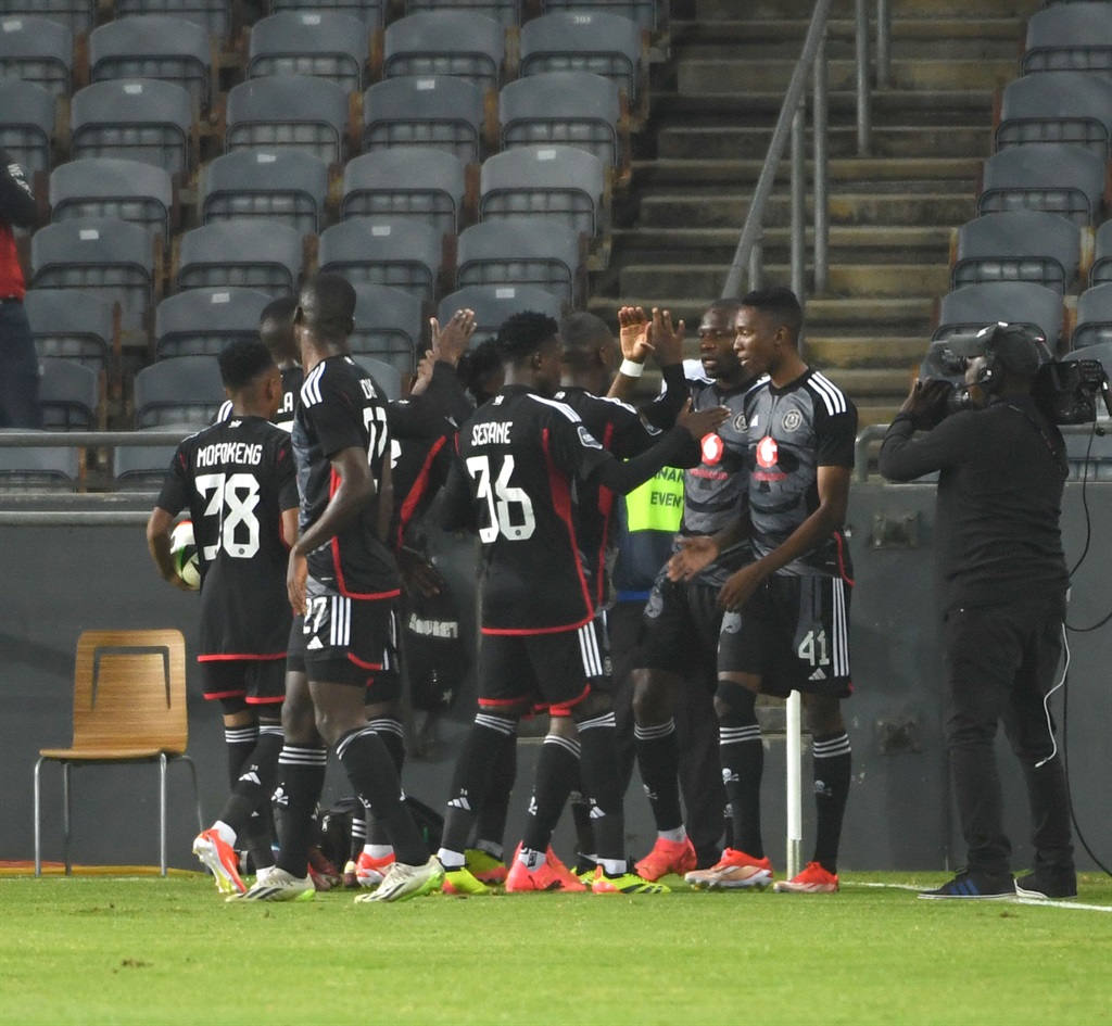 JOHANNESBURG, SOUTH AFRICA - MAY 08: Pirates celebrate during the DStv Premiership match between Orlando Pirates and Chippa United at Orlando Stadium in May 08, 2024 in Johannesburg, South Africa. (Photo by Lee Warren/Gallo Images)
