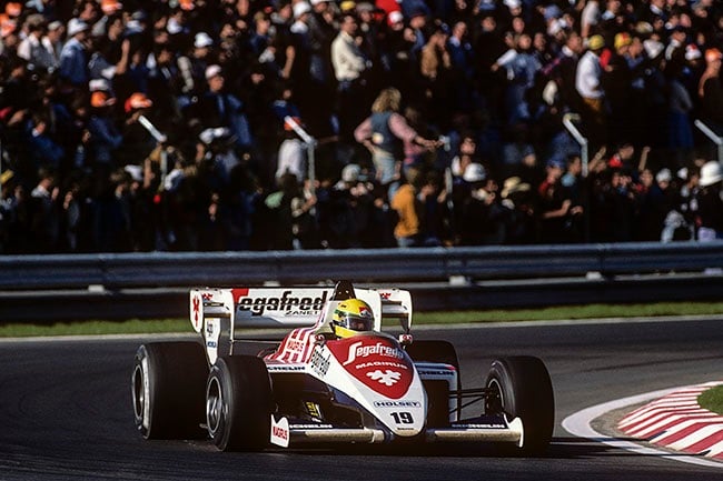 Ayrton Senna, riding for Toleman-Hart TG184, during the Grand Prix of Portugal at the Autodromo do Estoril on 21 October 1984. (Paul-Henri Cahier/Getty Images)