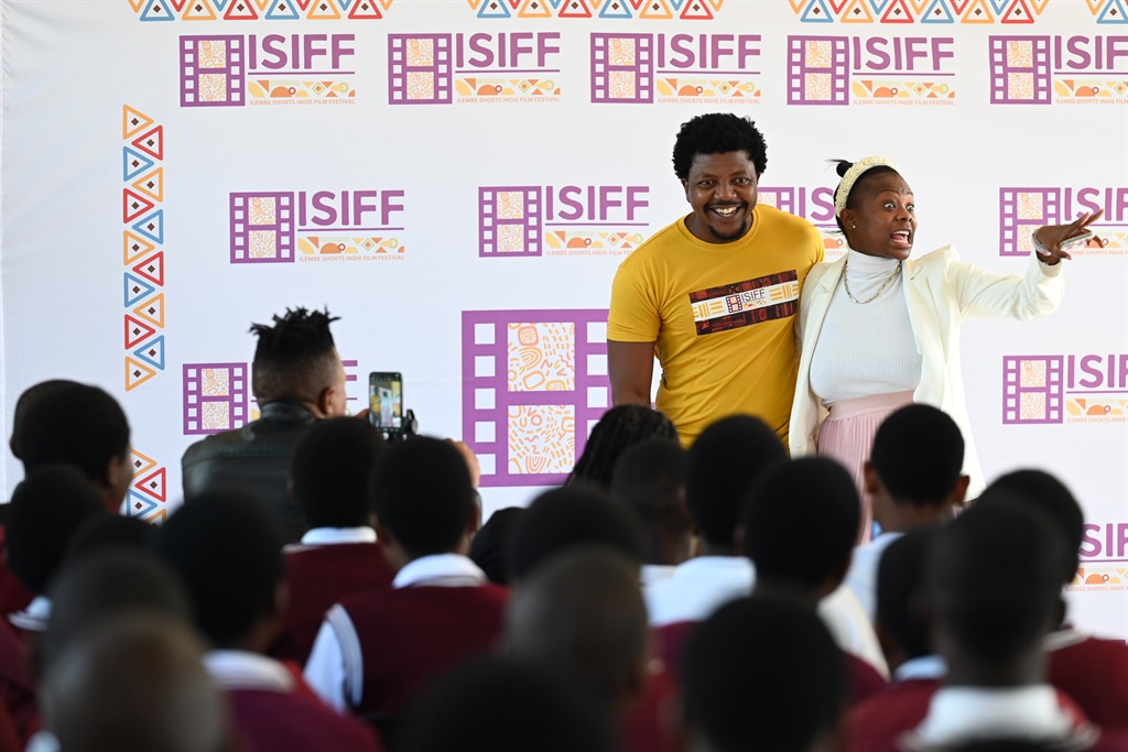 Actor Nkanyiso Mchunu and actress Noxolo Mathula motivating pupils during the Ilembe Short Indie Film Festival. Photo by Jabulani Langa
