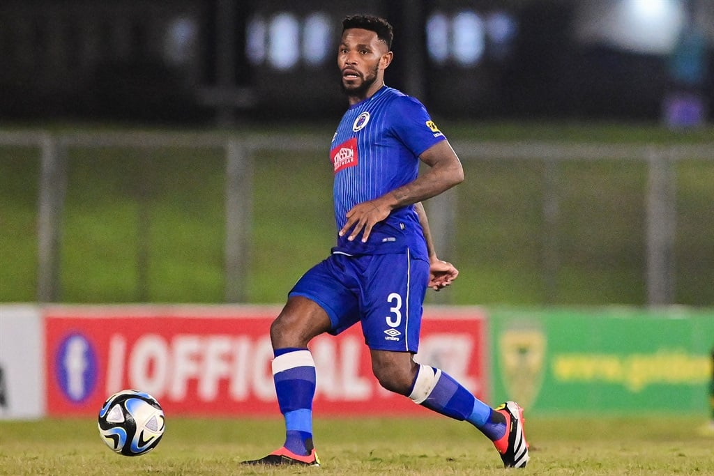 HAMMERSDALE, SOUTH AFRICA - APRIL 03: Thulani Hlatshwayo of Supersport United FC during the DStv Premiership match between Golden Arrows and SuperSport United at Mpumalanga Stadium on April 03, 2024 in Hammersdale, South Africa. (Photo by Darren Stewart/Gallo Images)